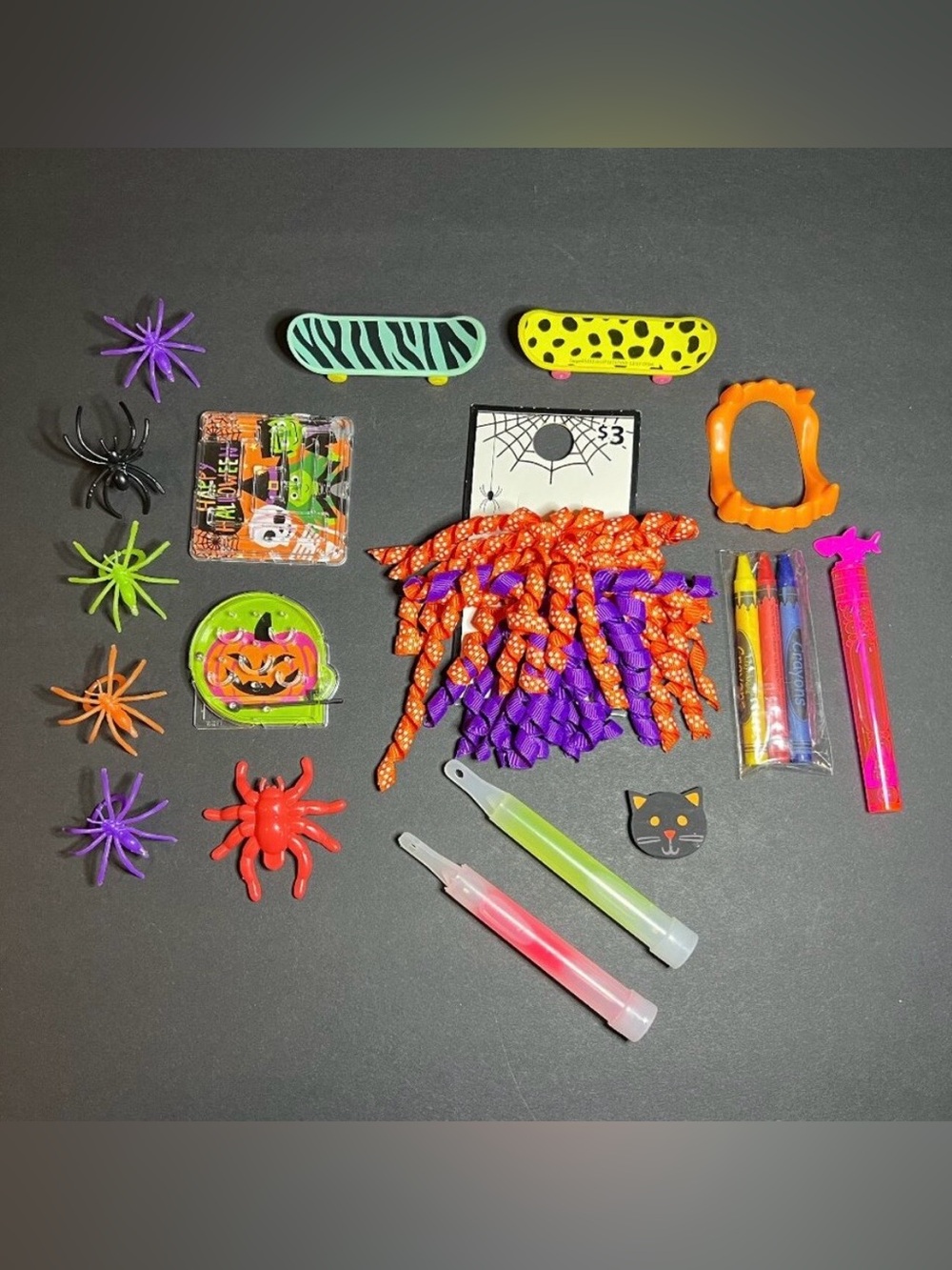 Halloween Toy Lot Spider Rings, Pinball, Finger Skateboards, Glow Sticks, Fangs